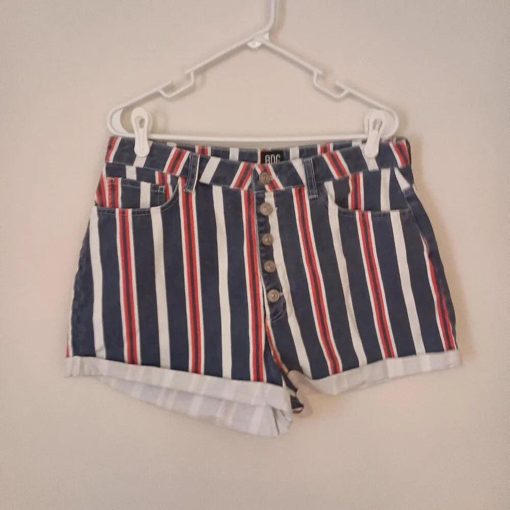 BDG Urban Outfitters Striped Mom Buttonup Denim Shorts Red White Blue Womens W32 - Picture 15 of 16